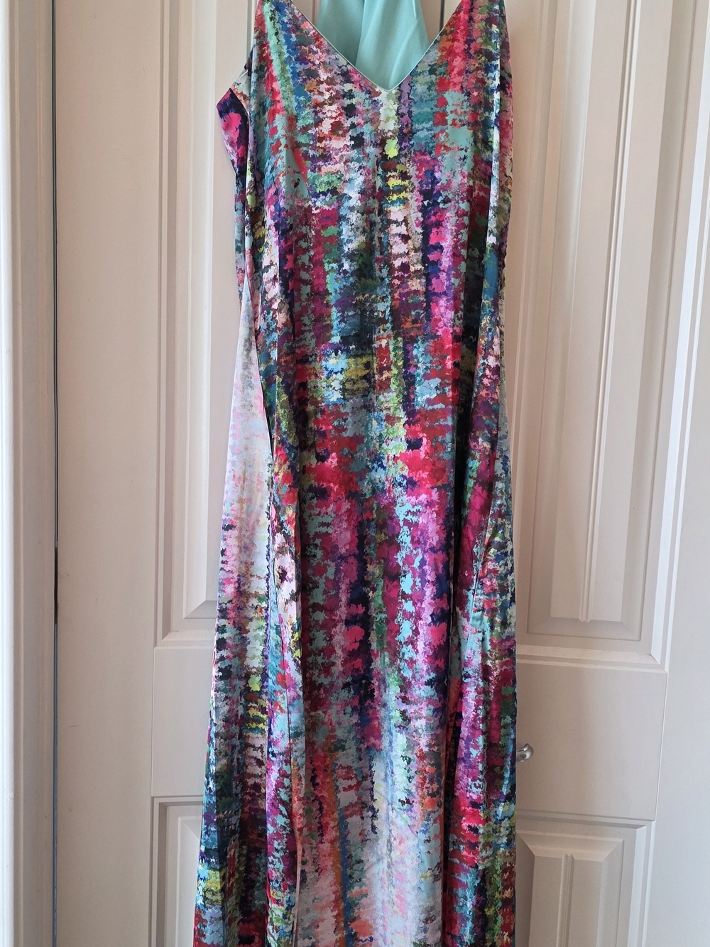 Nicole Miller Multicolor V-Neck Maxi Dress with Aqua Accents